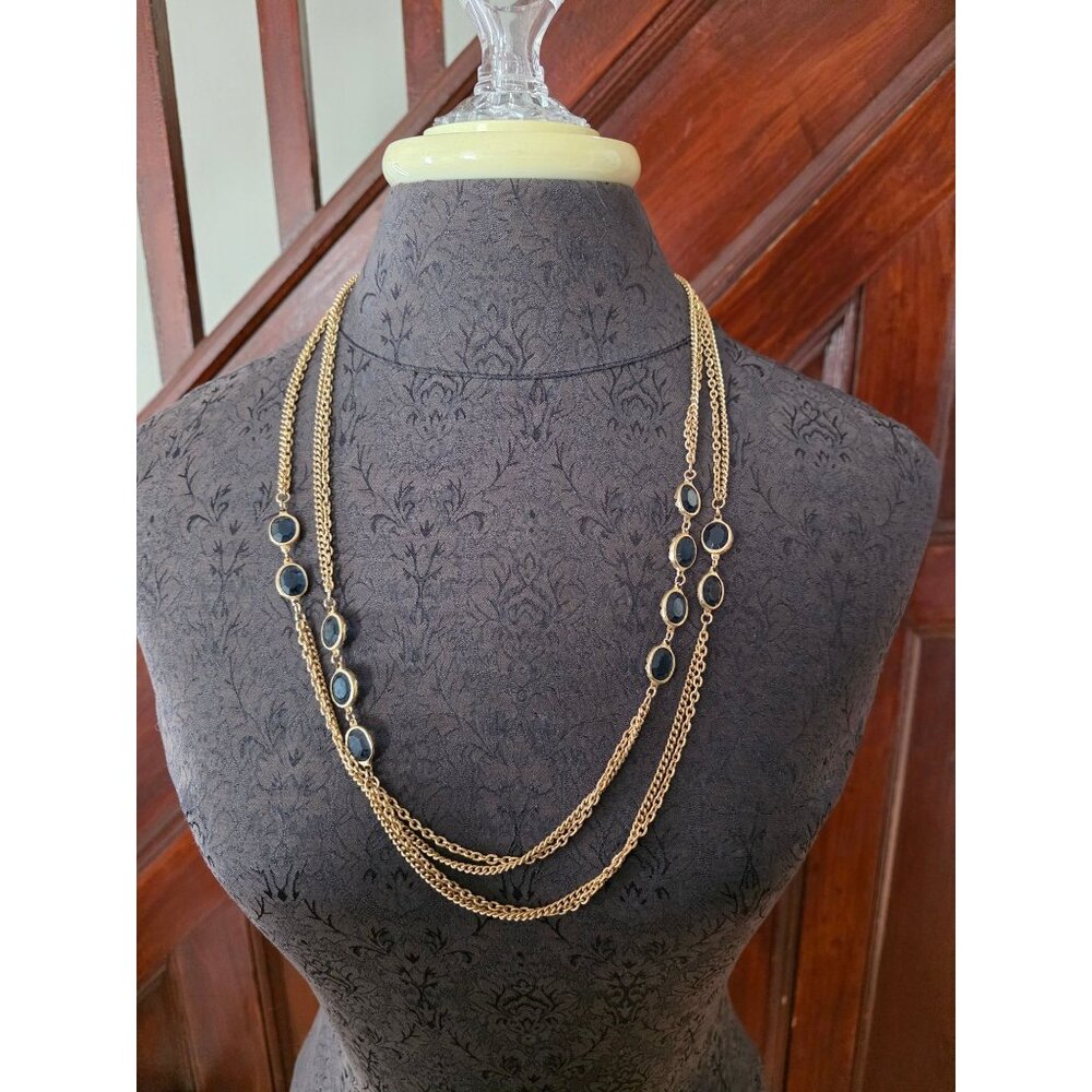 Corocraft Long Blue Bezel Rhinestones Gold-Tone Necklace Adjustable Clasp